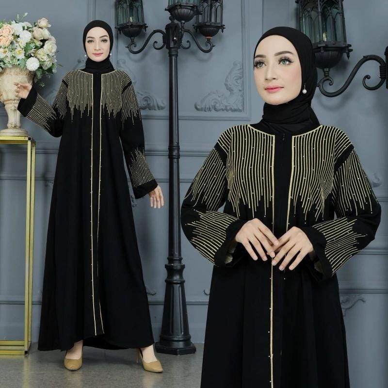 Me & Mommy GOLD ZYVA Black Abaya Set with Pashmina | Saudi Style for Ramadan, Eid & Umrah